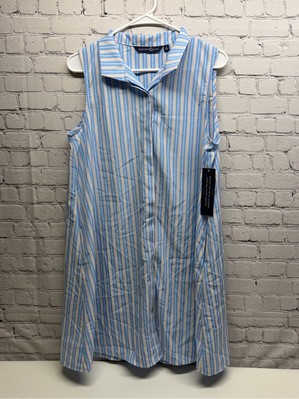 Duffield Lane Blue, White & Tan Striped Button Shirt dress Sz M NWT